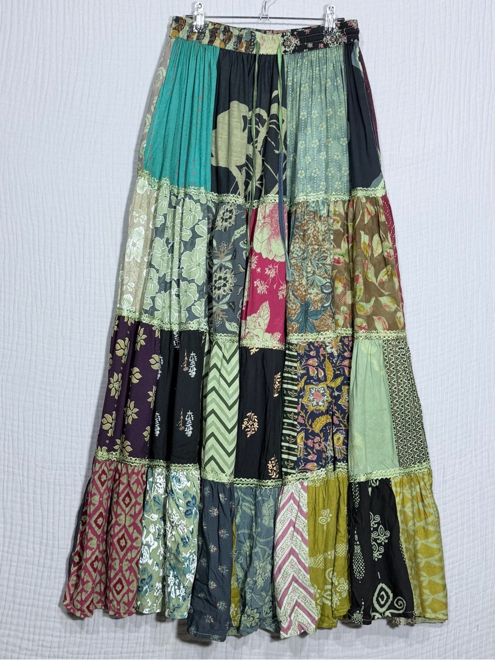 NWT | Ananta | Patchwork Bohemian Maxi Skirt - Green Multi | Rayon | One Size